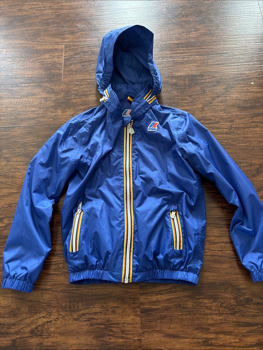 K-Way Kids Blue Hooded Rain Jacket with Yellow Trim
